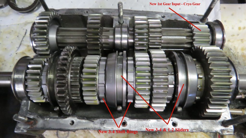 Gear set back together with new Liberty 1-2 & 3-4 sliders, new 1st gear input & new 3rd and 4th gear shift rings by Liberty